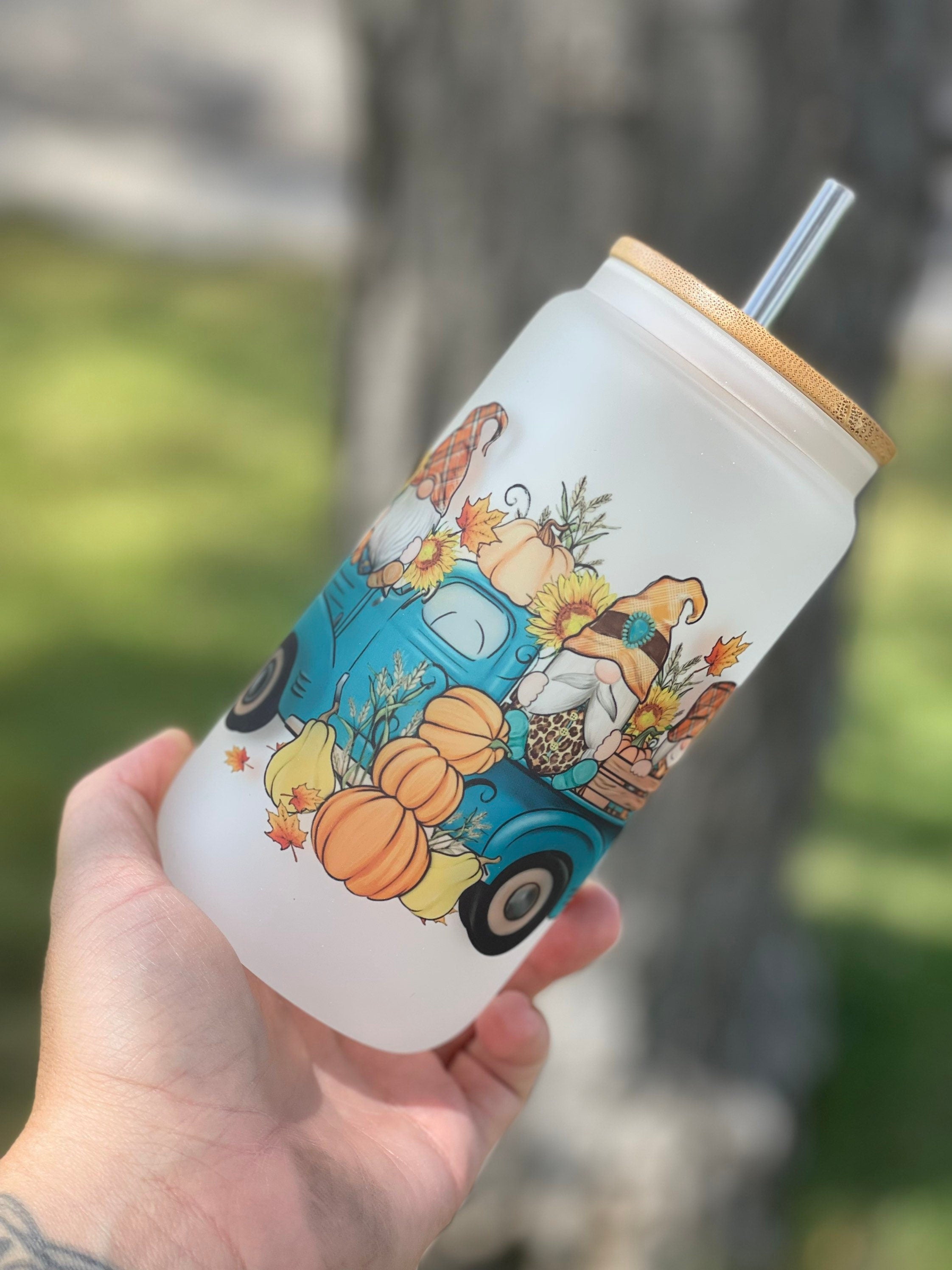 Fall Pumpkin Scarecrow Sublimated 16 ounce Glass Can